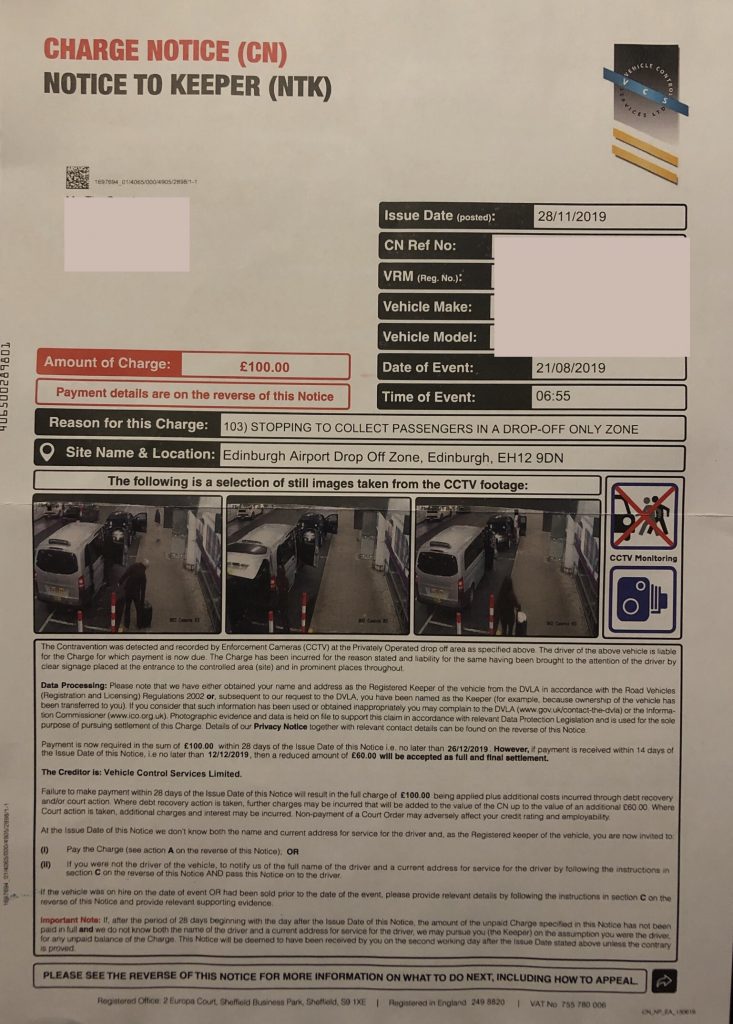 Parking charge notice PNC from picking up at Edinburgh airport drop off zone