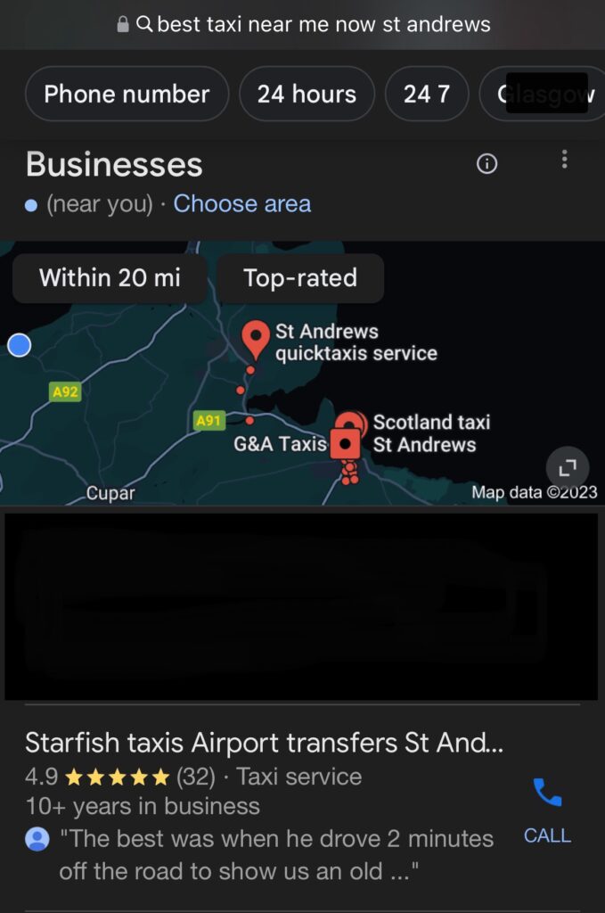 Best taxi near St Andrews Google Search result "Best taxi near me"